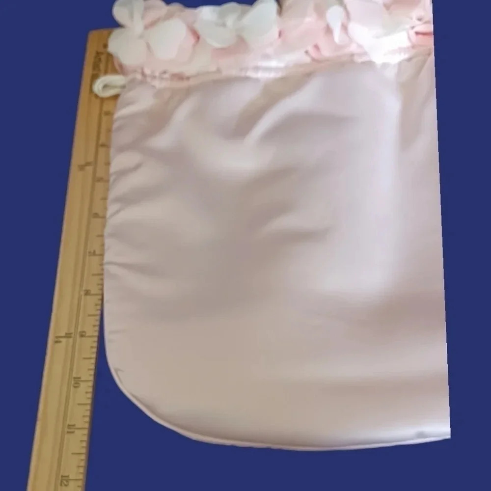Aimer satin Dragstring Pouch Bag W/Stunning Floral Around The Top Blush Pink - Picture 9 of 14